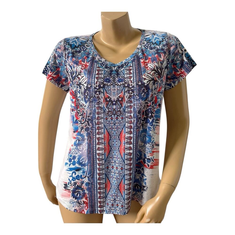 One World Blouse Womens PXL Boho Embellished Mixed Print Short Sleeve Top
